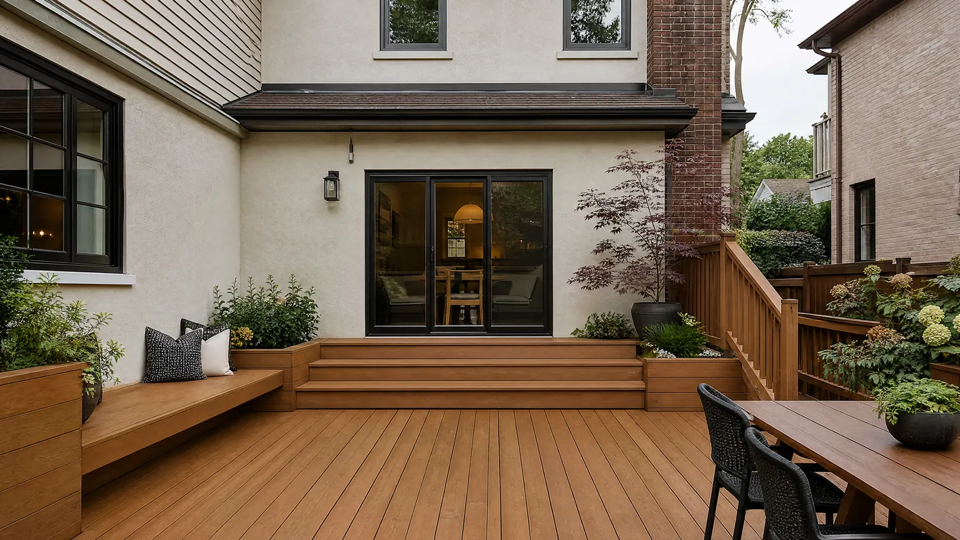 Freshly stained cedar deck with built-in benches