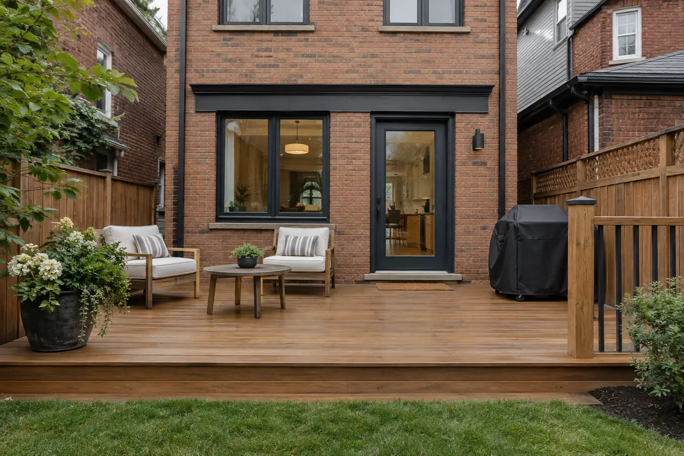 Ground-level cedar deck freshly stained a muted honey-brown
