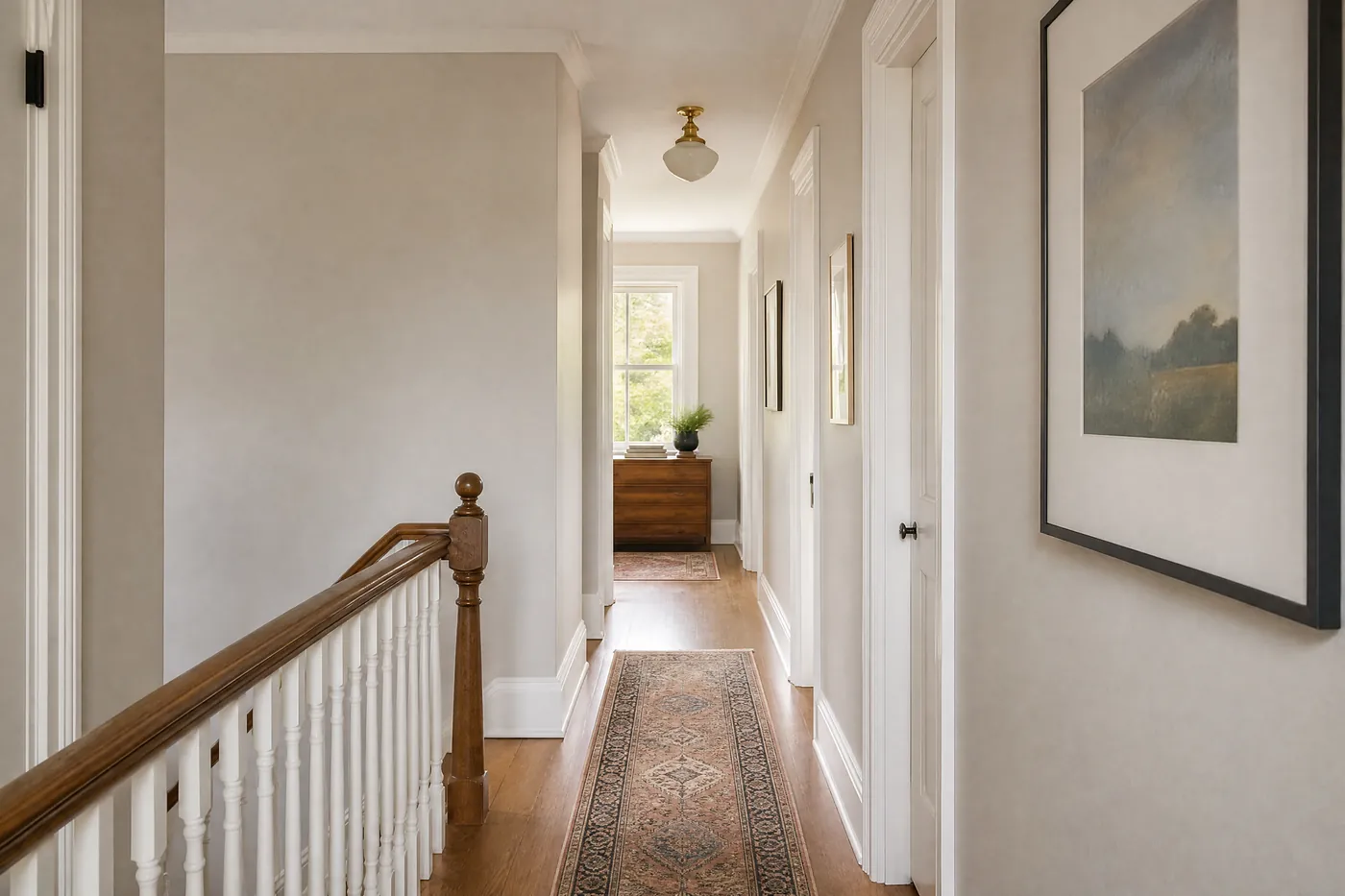 Hallway with flawless freshly painted walls after drywall repair