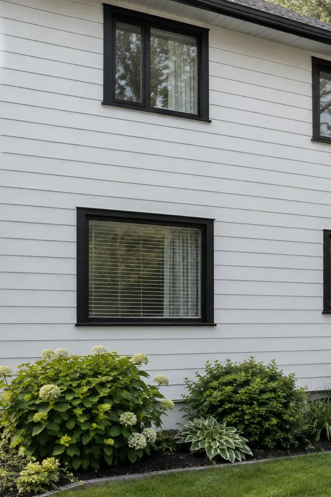 House side with aluminum siding freshly repainted soft white