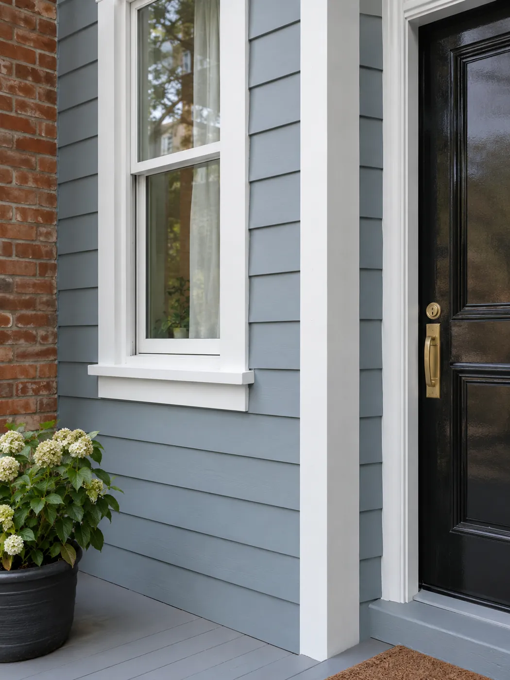 Freshly painted blue-grey siding, white semi-gloss trim and a glossy black front door
