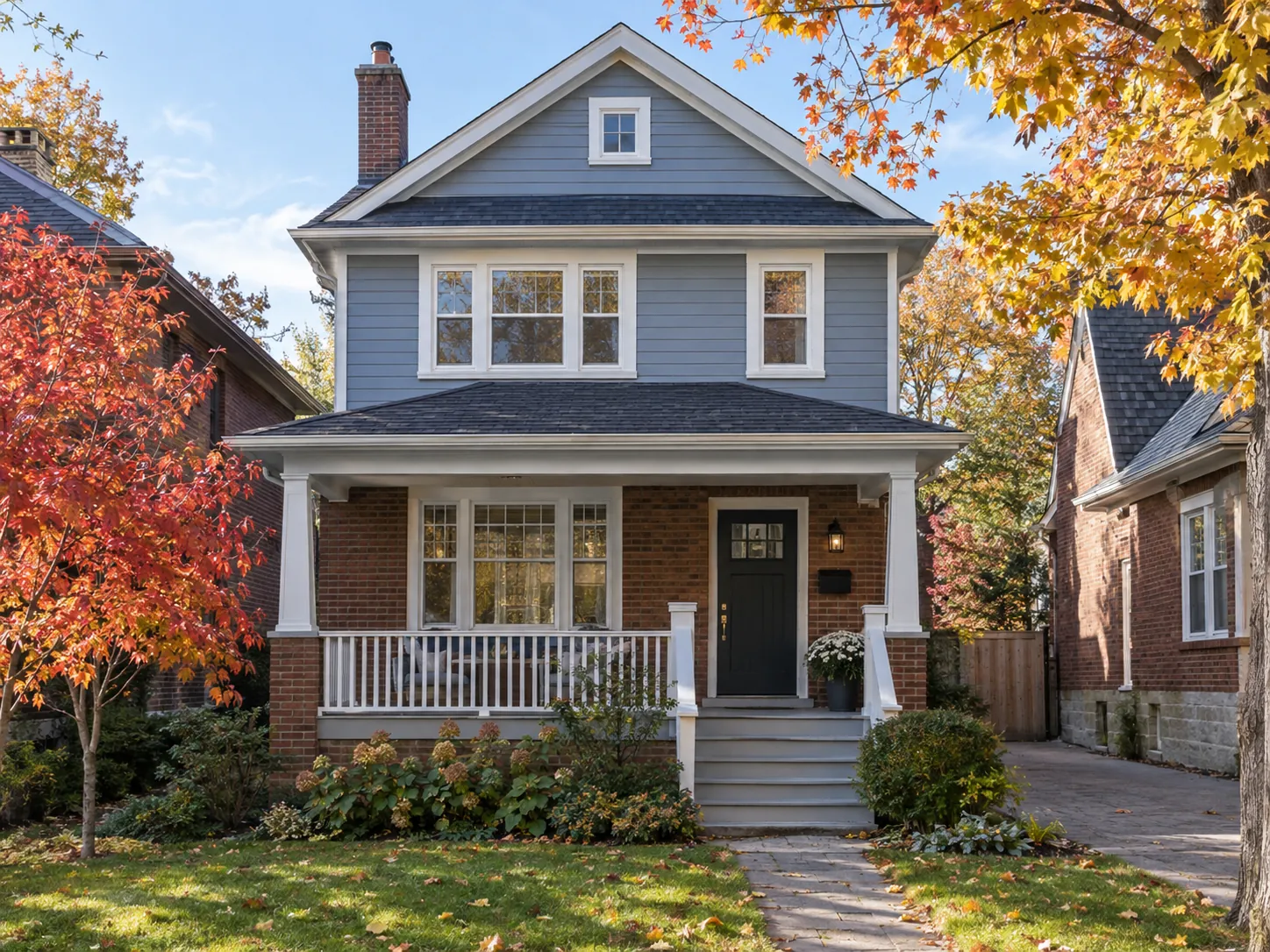 Two-storey house freshly repainted blue-grey with white trim on an autumn day