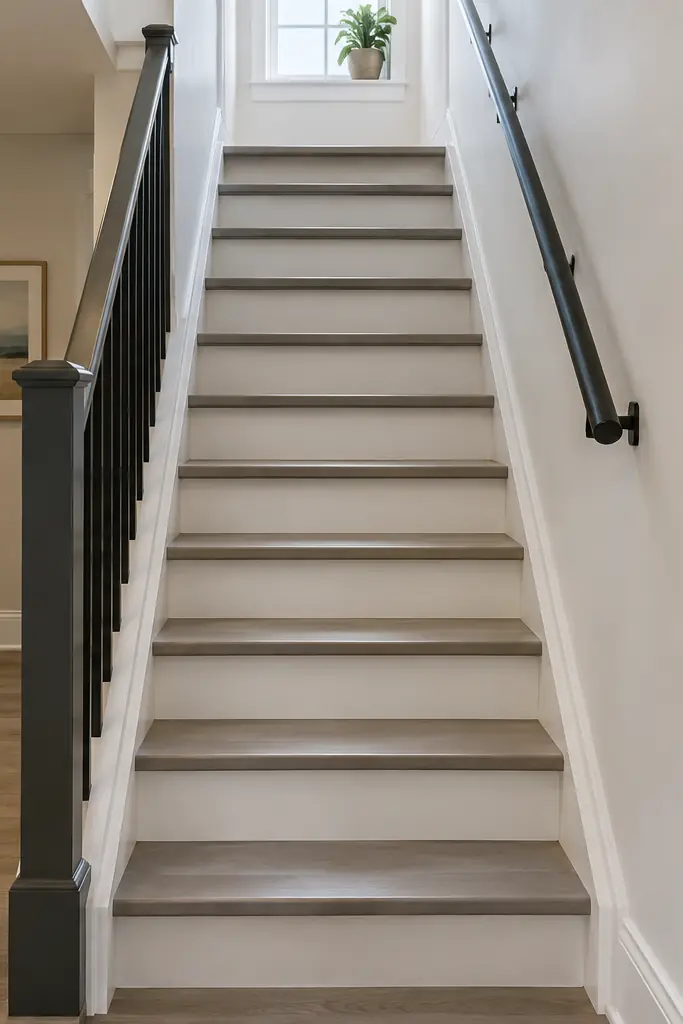 Basement stairs freshly painted with warm grey treads and white risers