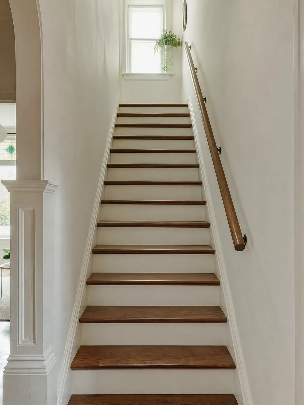 Closed staircase with freshly stained treads and a wall-mounted handrail