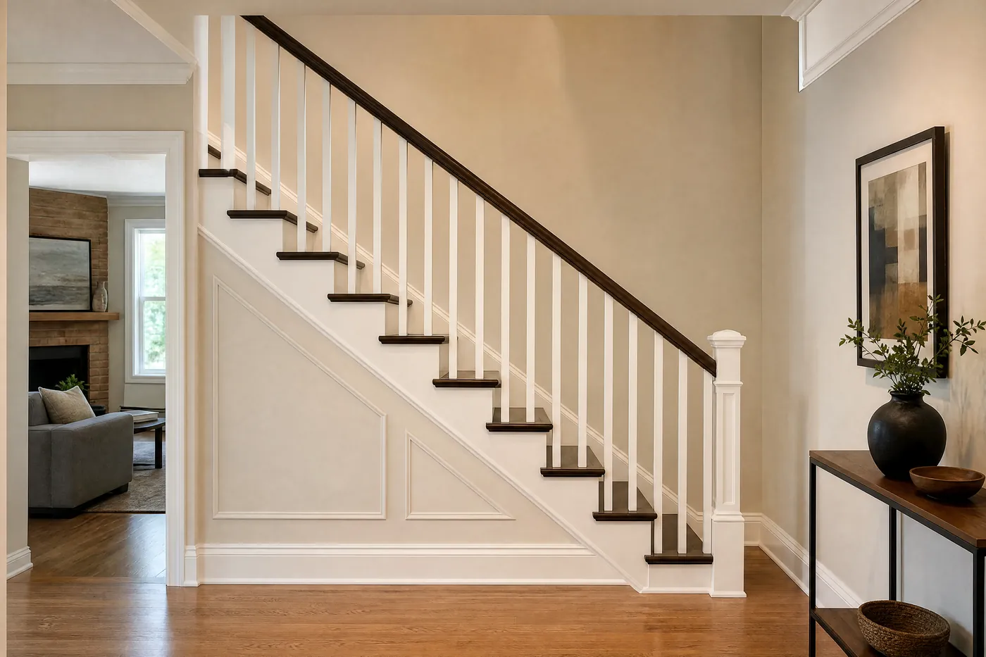 Staircase with dark-stained oak treads and white risers in a bright hall