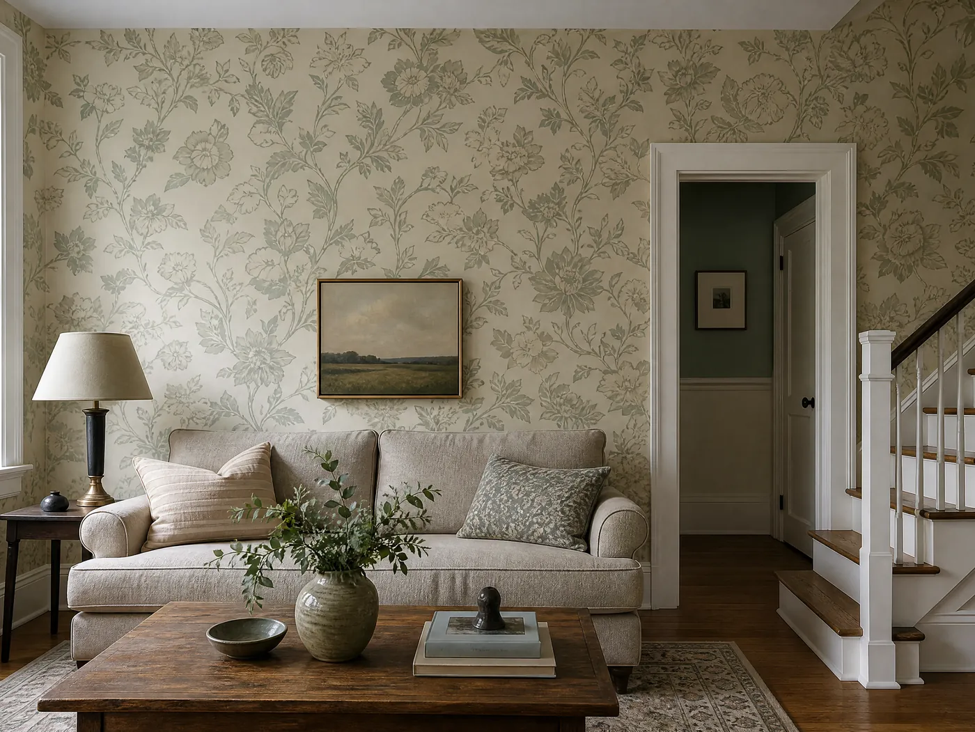 Living room with a freshly hung large-scale floral wallpaper wall