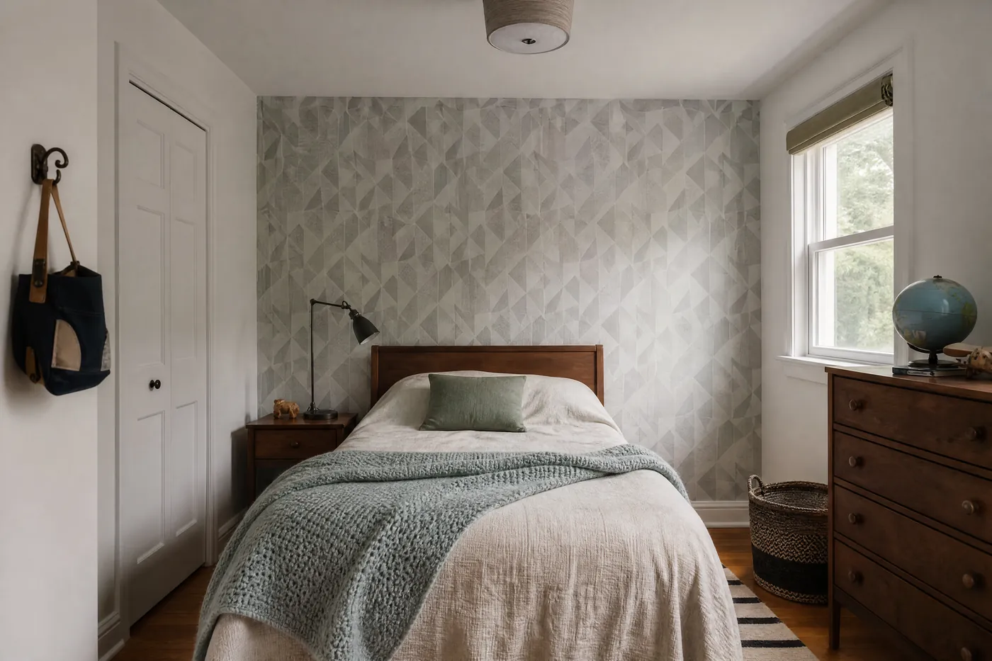 Nursery with a freshly hung soft geometric wallpaper wall