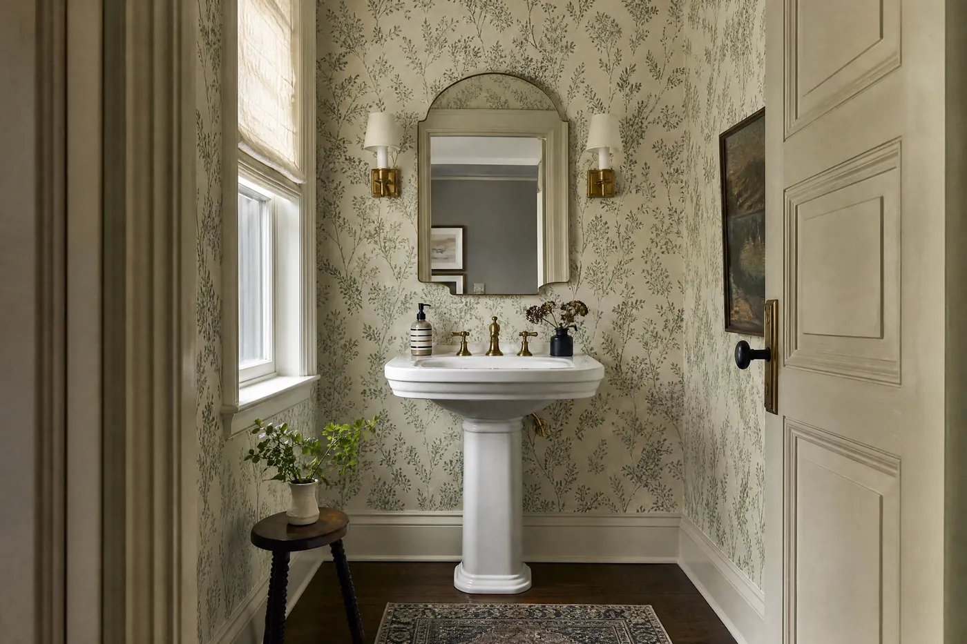 Powder room with freshly hung botanical wallpaper