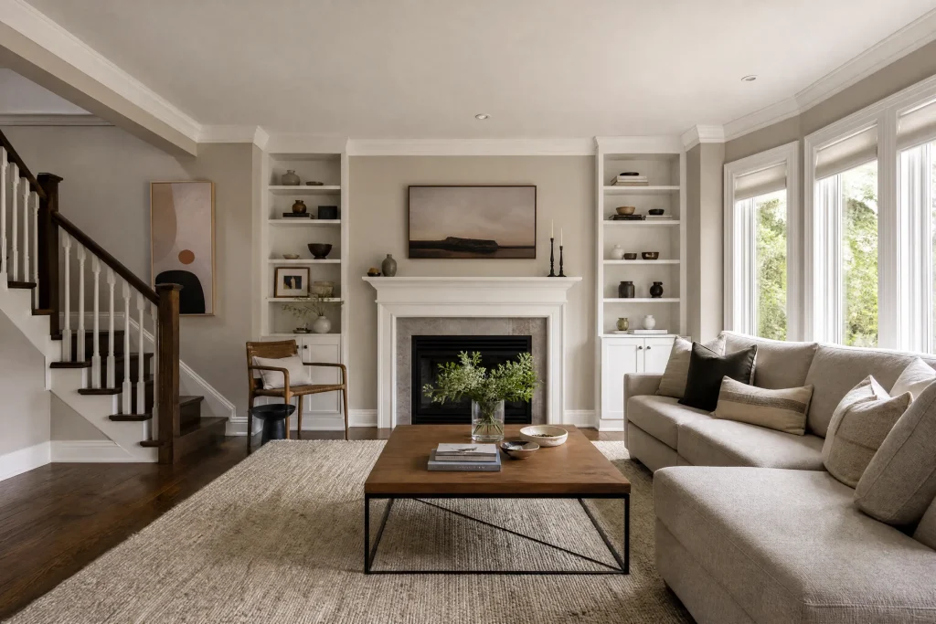 Bright living room freshly painted greige with a white fireplace mantel