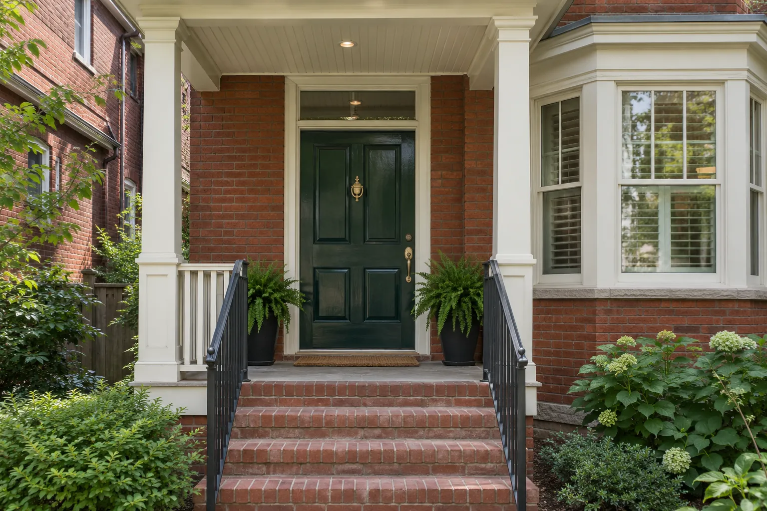 Edwardian brick semi entrance with a freshly painted green door, cream porch and black railings