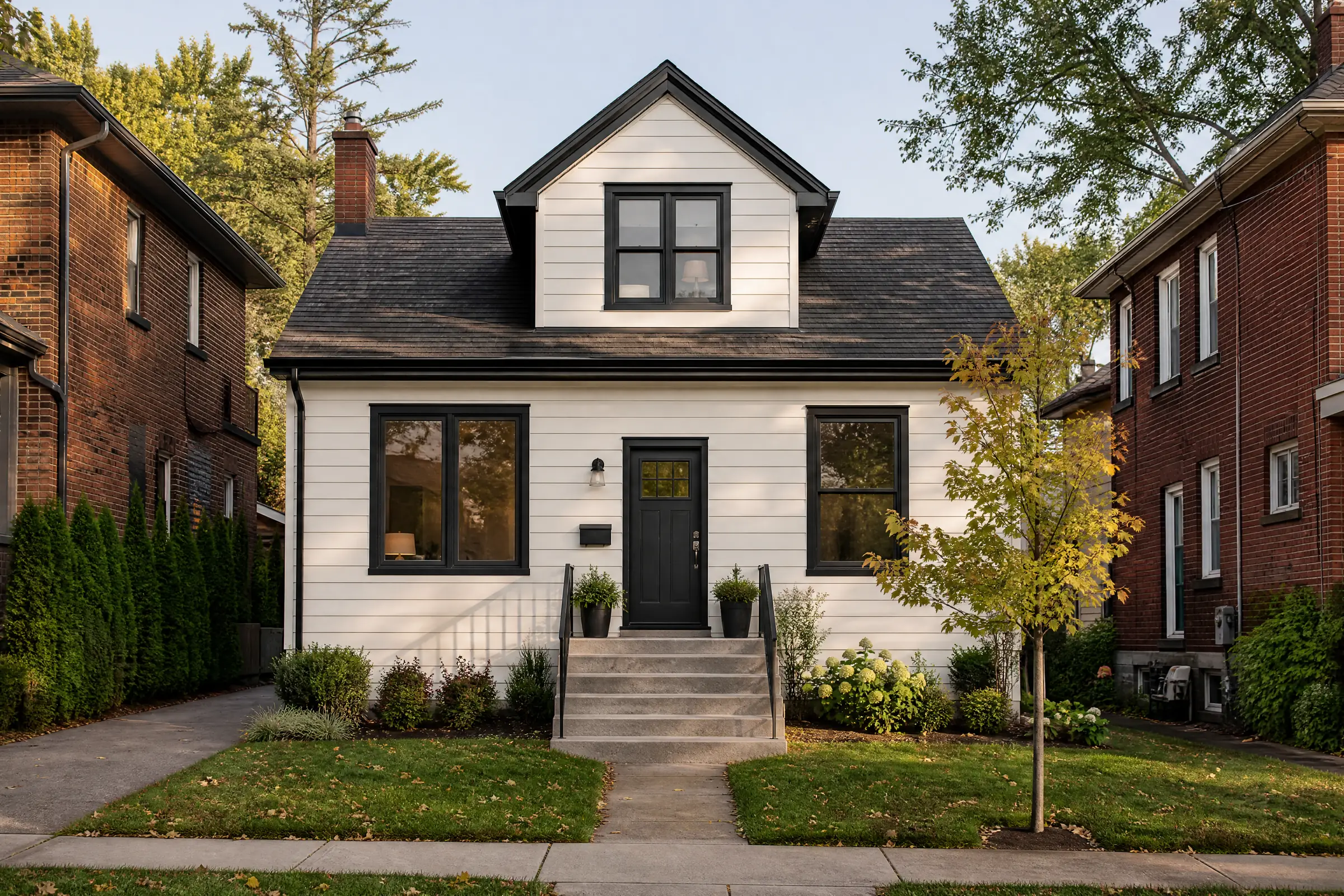 Storey-and-a-half house with aluminum siding freshly painted warm white
