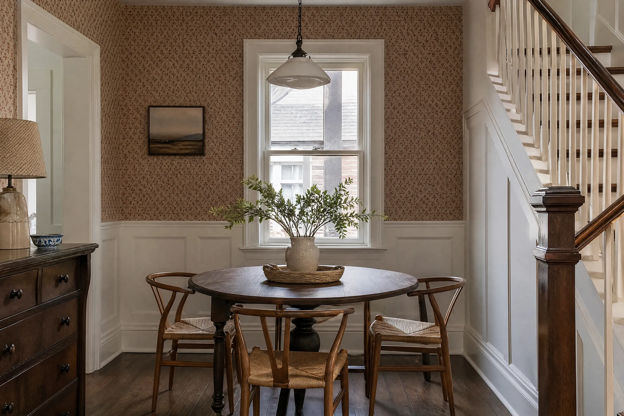 Dining nook with freshly hung small-pattern wallpaper above a white wainscot