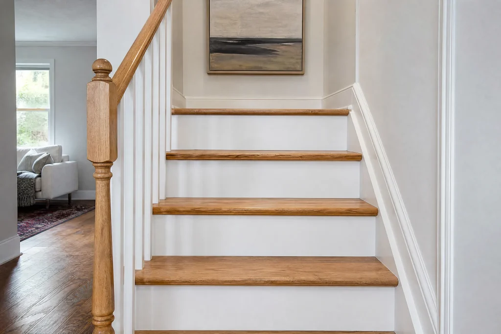 Close detail of freshly refinished oak treads with crisp white risers