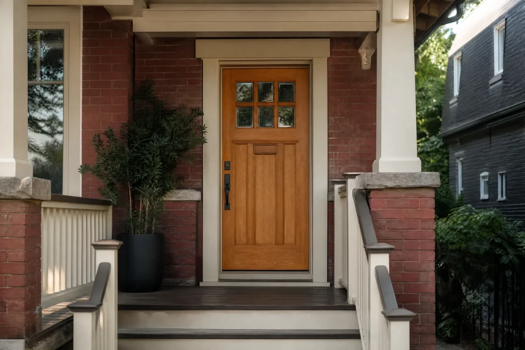 Craftsman front door freshly stained and varnished with painted trim