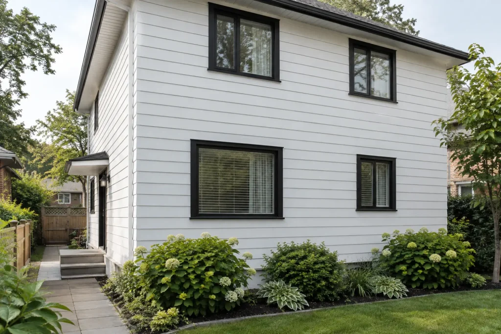 House side with aluminum siding freshly repainted soft white