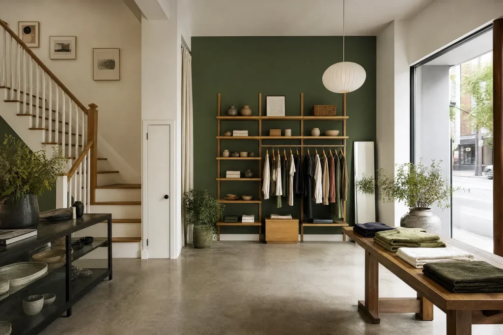 Retail store freshly painted white with a deep green feature wall
