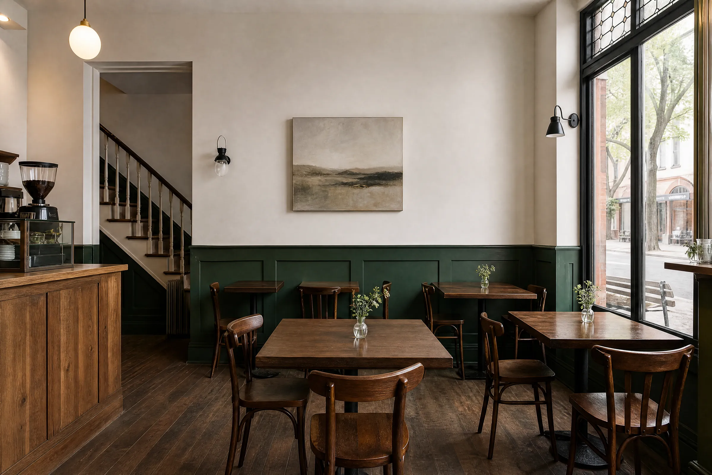 Cafe interior freshly painted warm white with a green wainscot