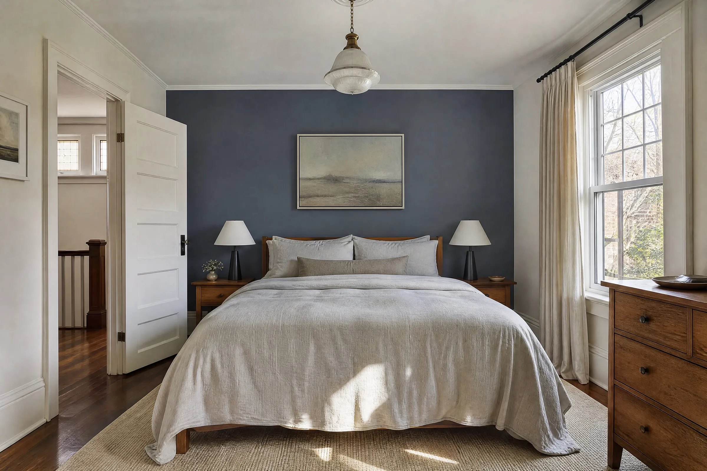 Bedroom with a freshly painted slate-blue wall behind the bed