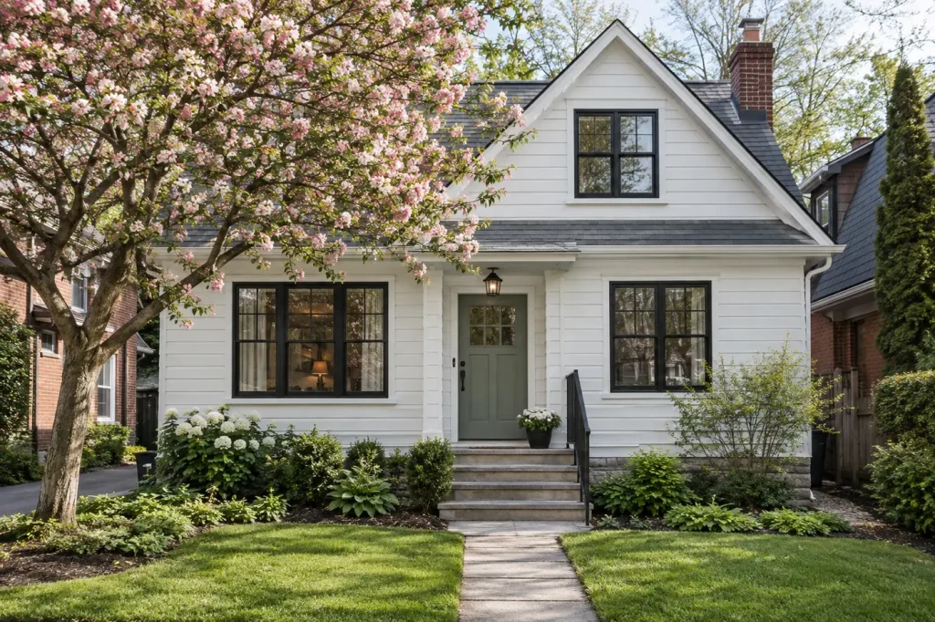 Storey-and-a-half house freshly painted white with a sage door in spring