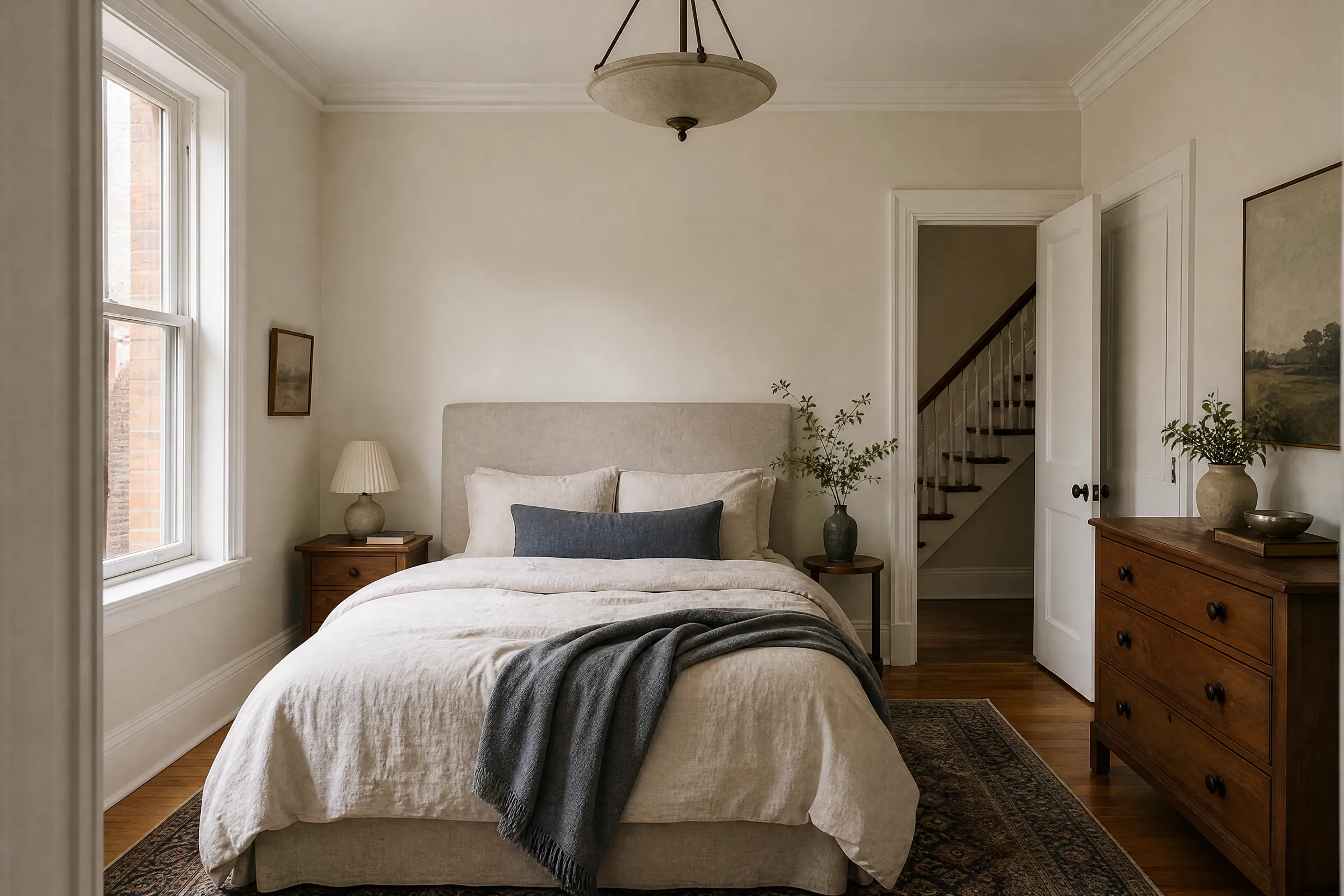 Bedroom freshly painted a soft warm white with crisp trim