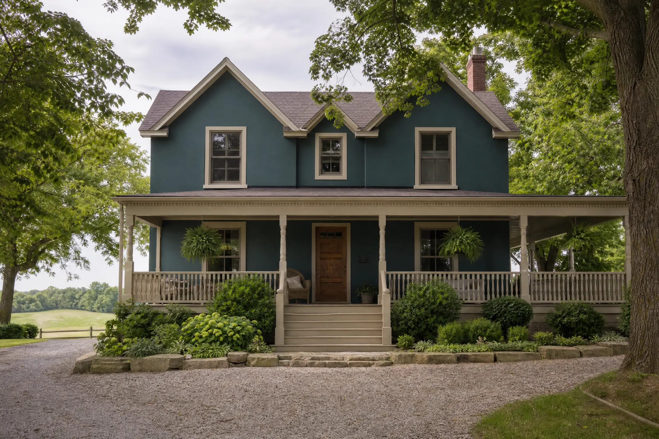 Country home with stucco freshly painted deep teal and a beige porch