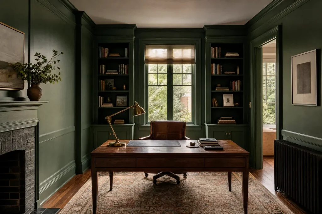 Home office with freshly painted deep green panelling