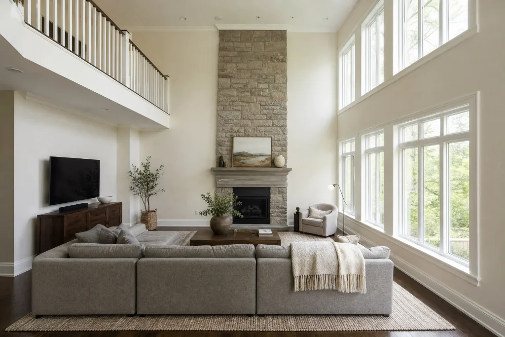 Two-storey great room freshly painted warm white with a white gallery railing
