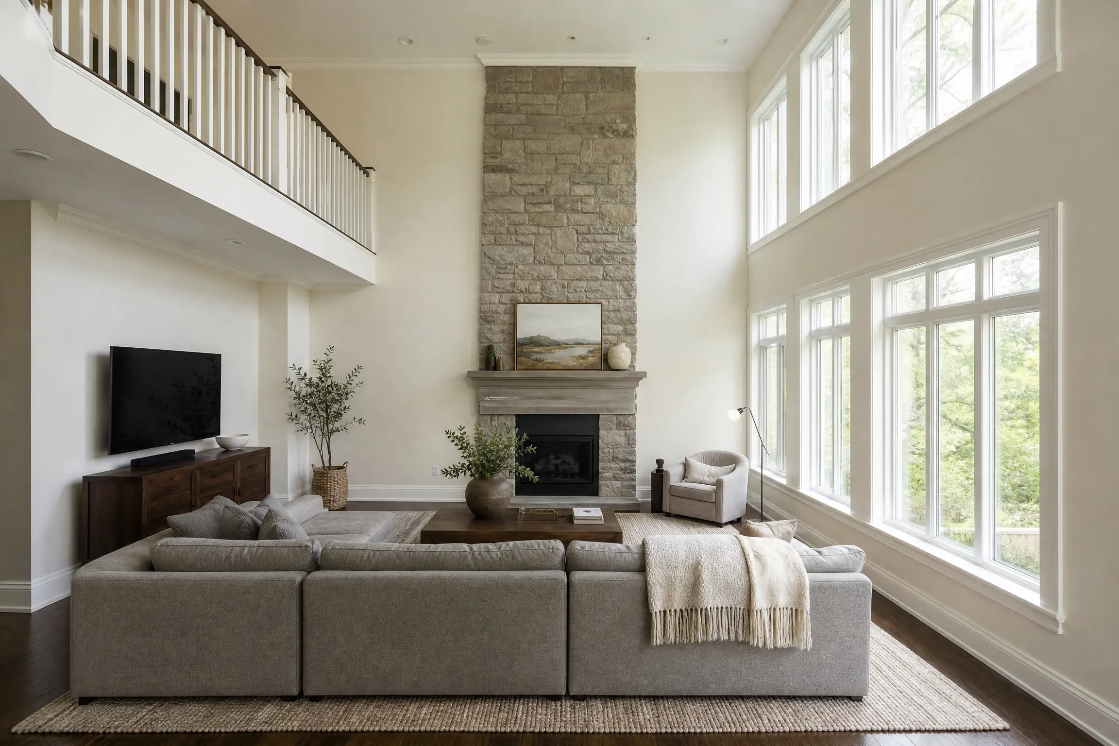 Two-storey great room freshly painted warm white with a white gallery railing