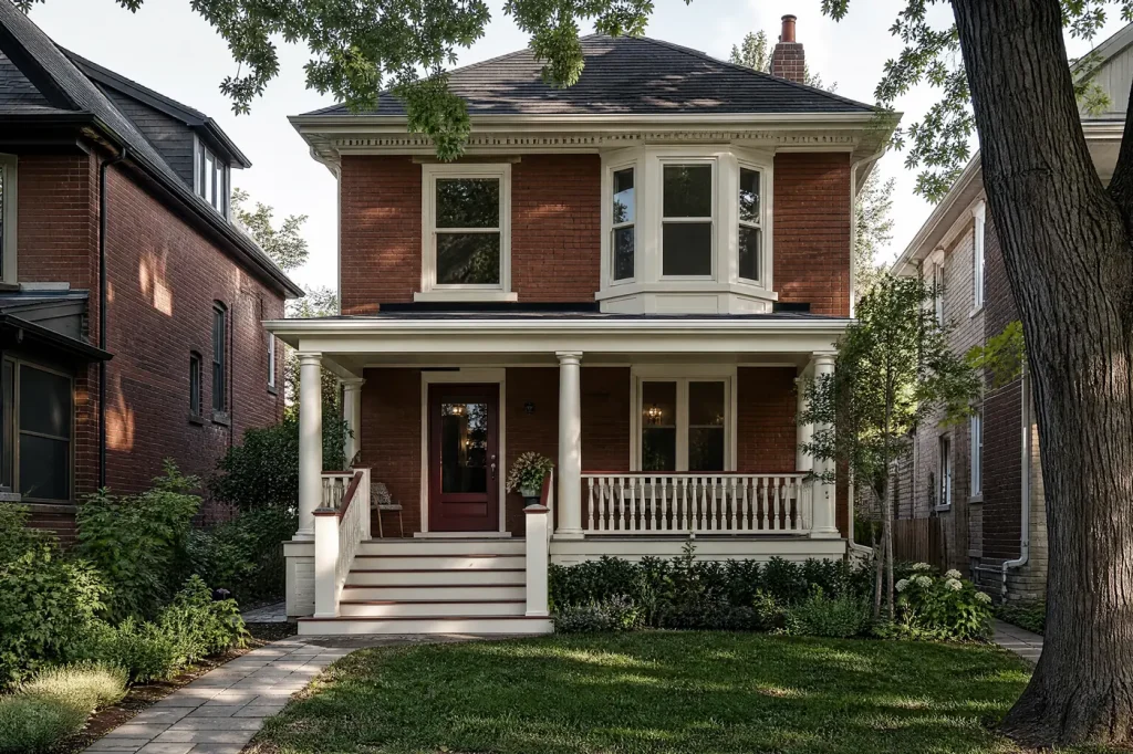 Edwardian brick house with a freshly painted burgundy front door and cream trim