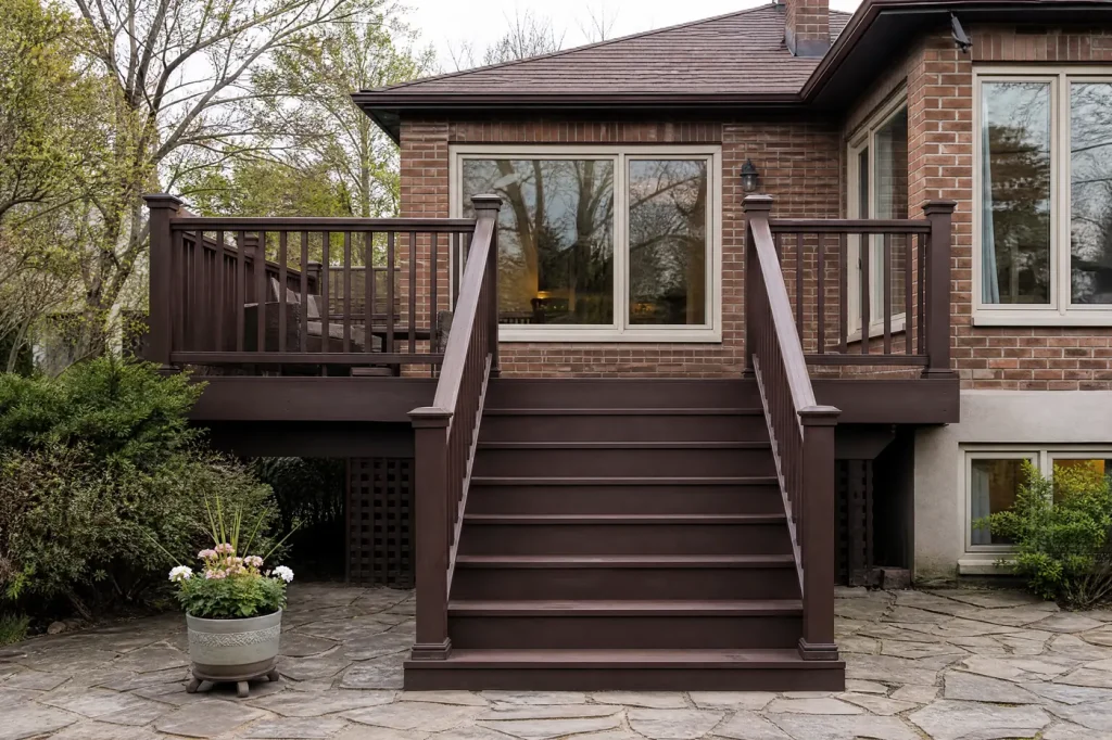 Deck stairs and railing freshly stained solid dark brown