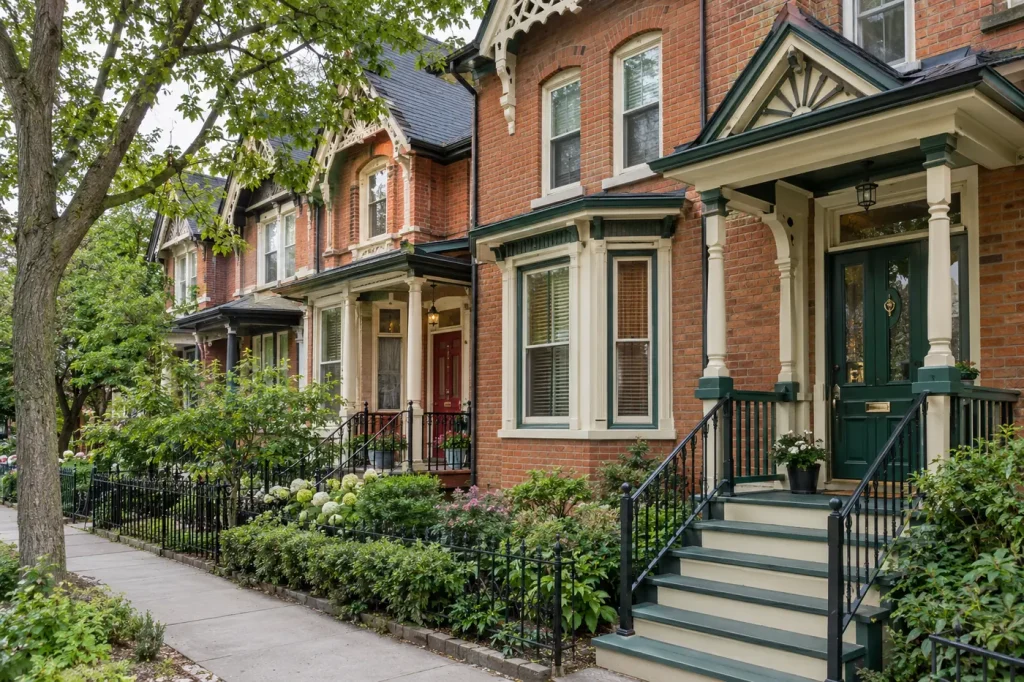 Row of Victorian brick row houses with freshly painted trim and black railings