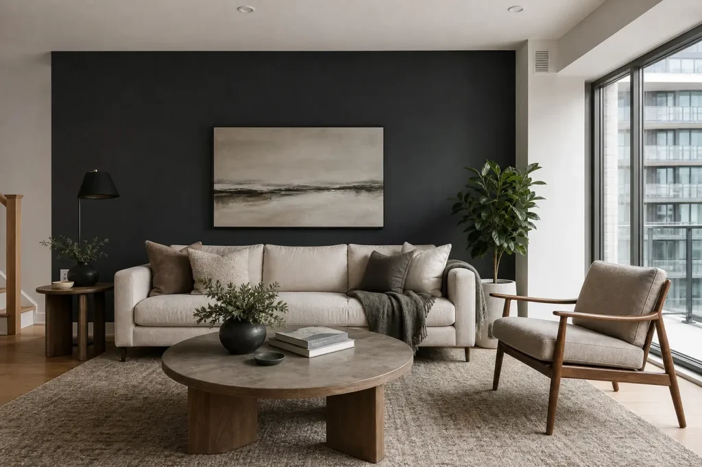 Condo living room with a fresh charcoal accent wall and crisp white walls