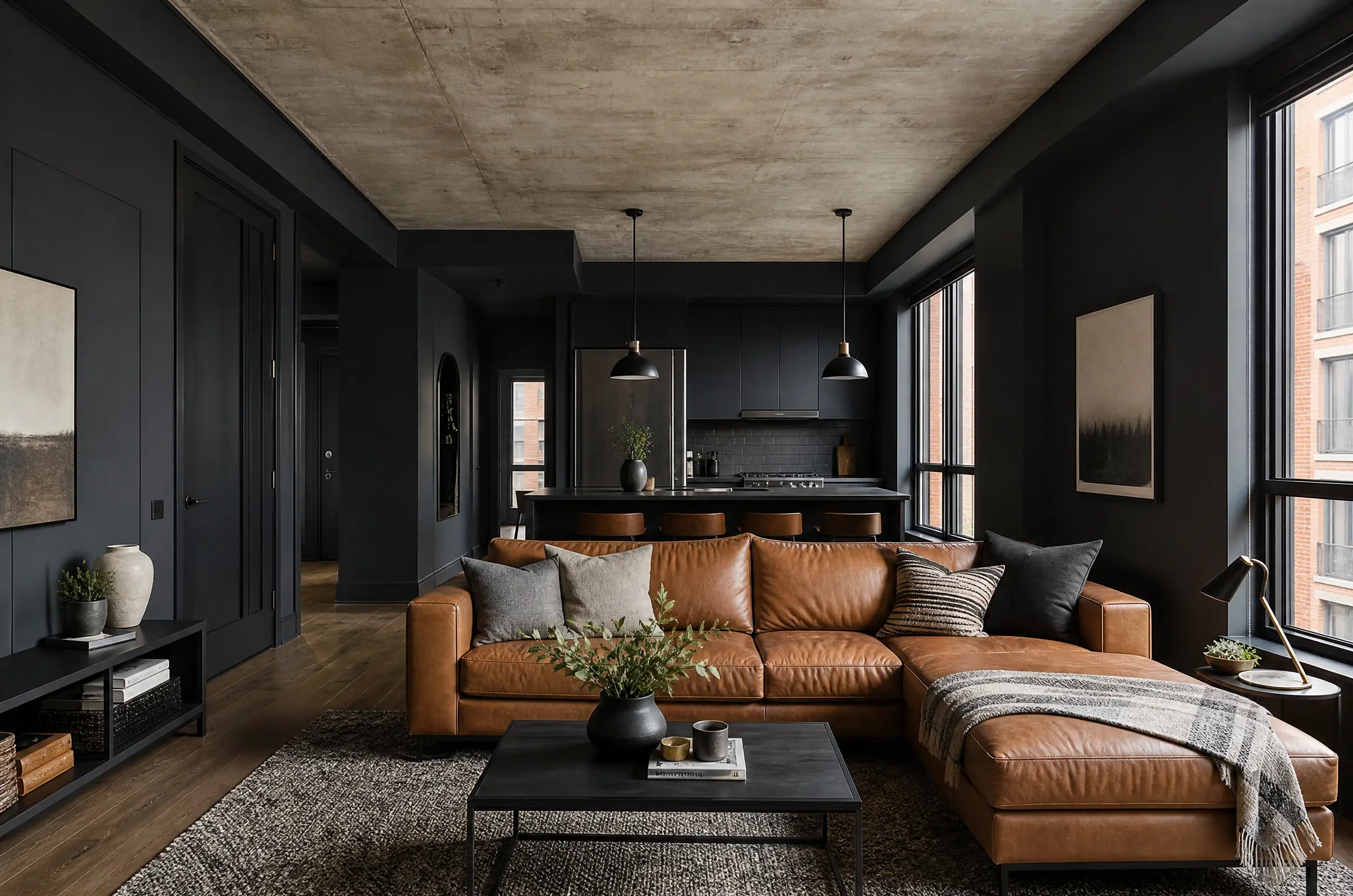 Loft condo colour-drenched in matte charcoal under an exposed concrete ceiling