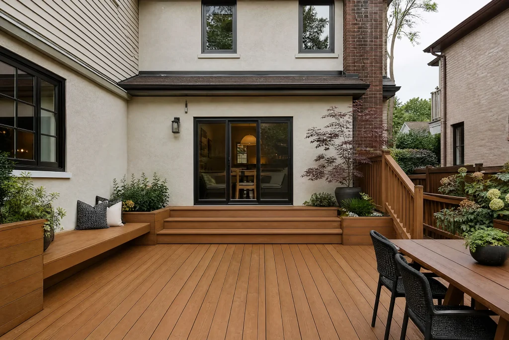 Freshly stained cedar deck with built-in benches
