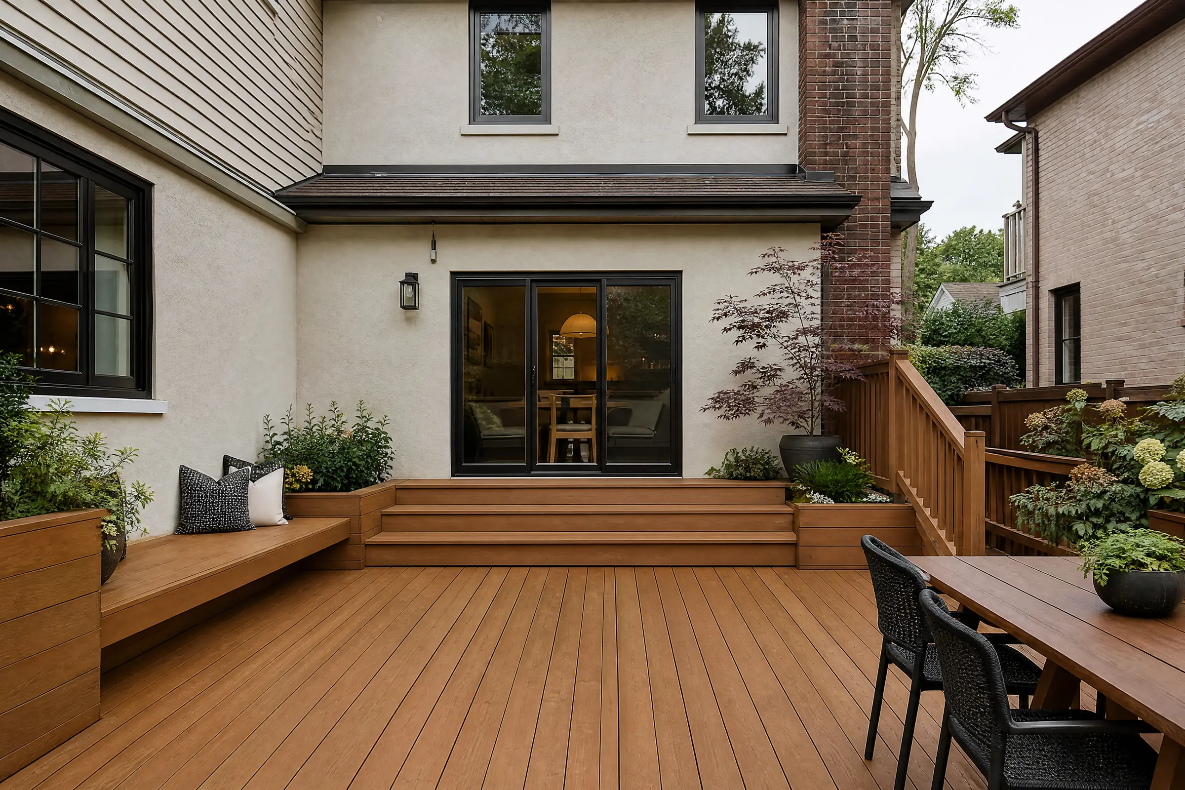 Freshly stained cedar deck with built-in benches