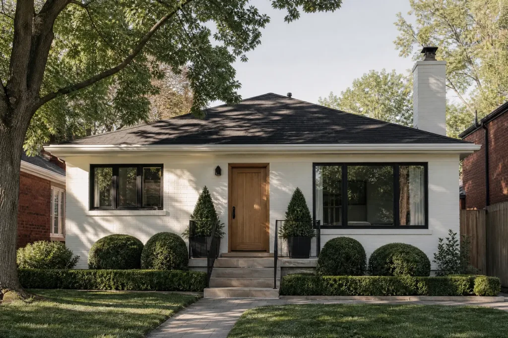 Brick bungalow professionally painted soft white with black windows