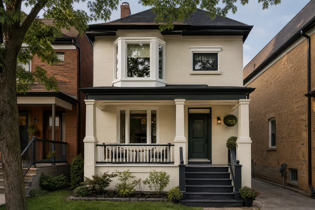 Semi-detached house with brick repainted warm cream and a dark green door