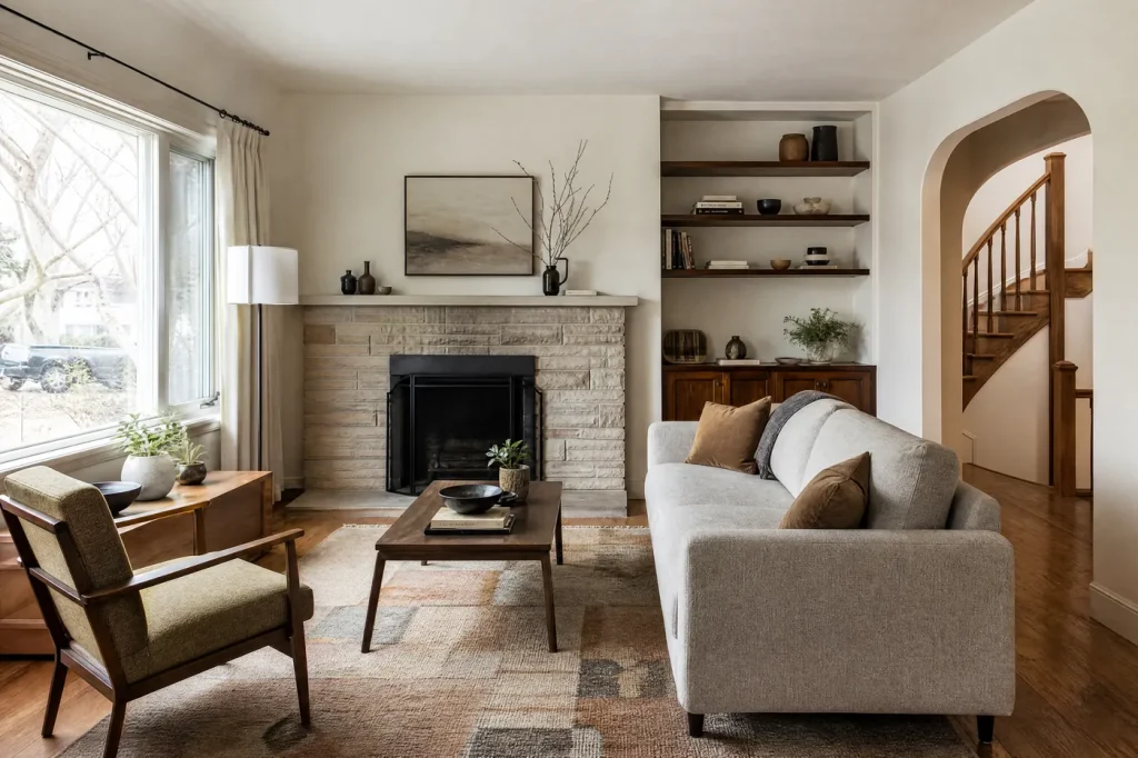 Living room with freshly finished smooth walls and ceiling