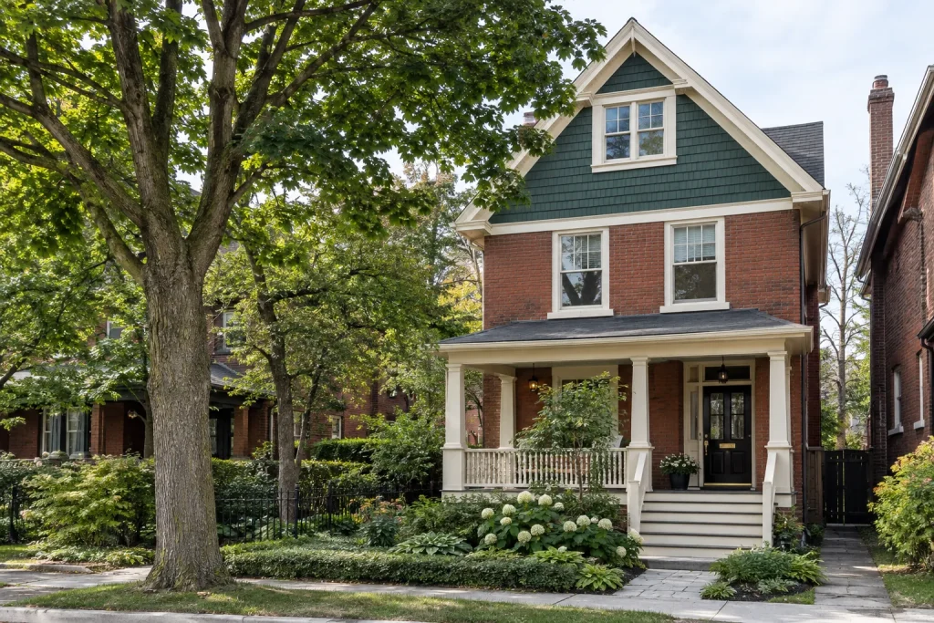 Three-storey brick house with a freshly painted green shingle gable and cream trim