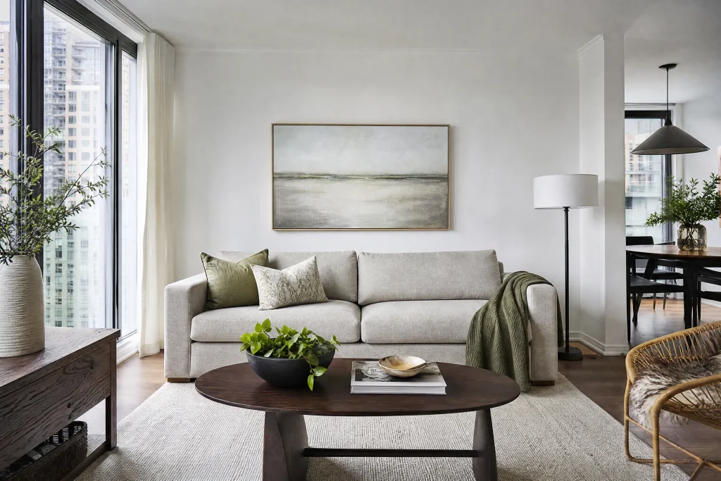 Condo living room freshly painted soft white with floor-to-ceiling windows