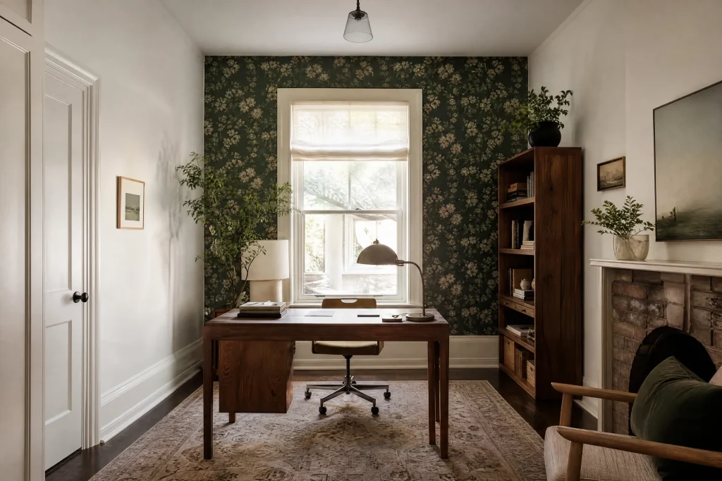 Home office with a freshly hung dark green botanical wallpaper wall