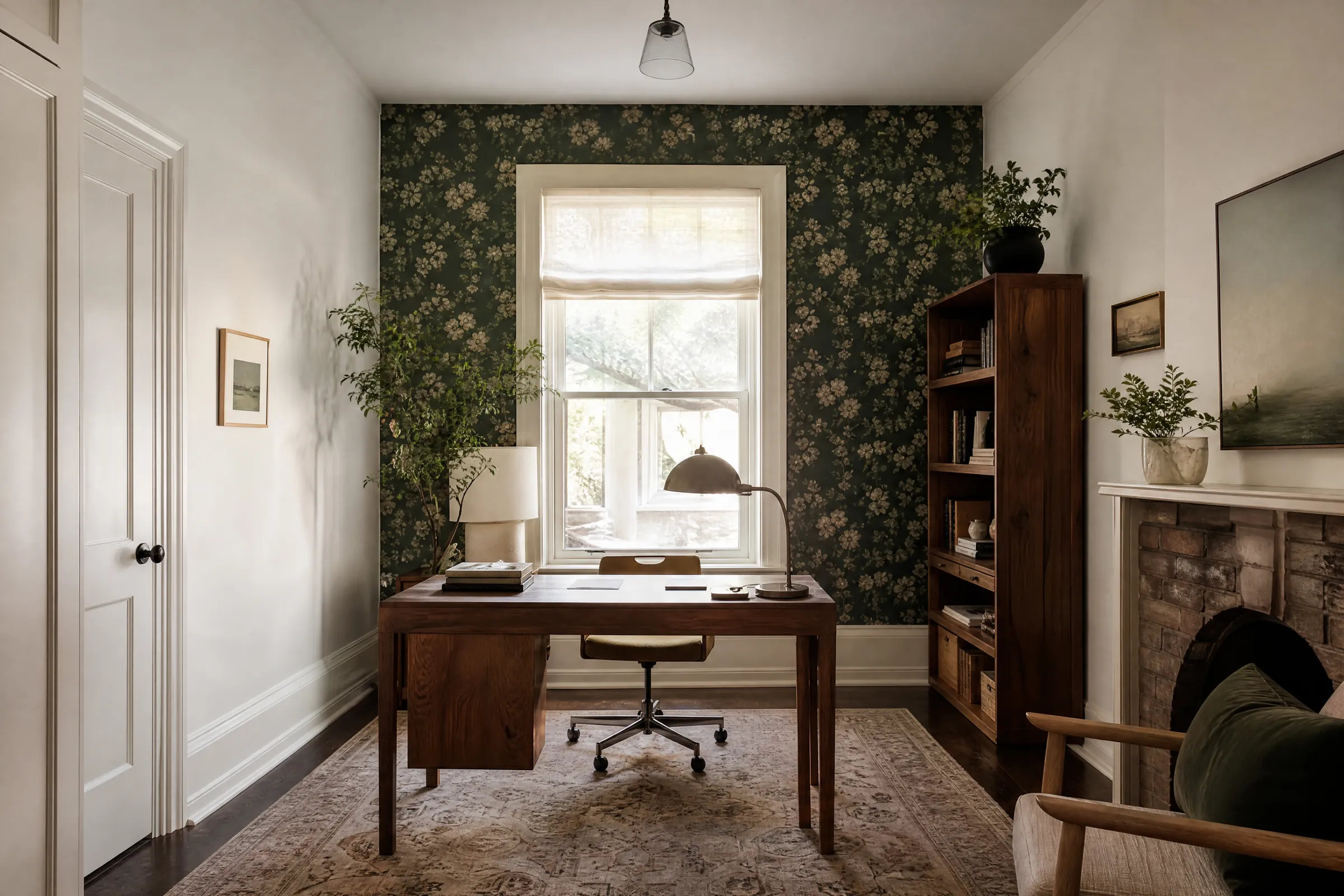 Home office with a freshly hung dark green botanical wallpaper wall