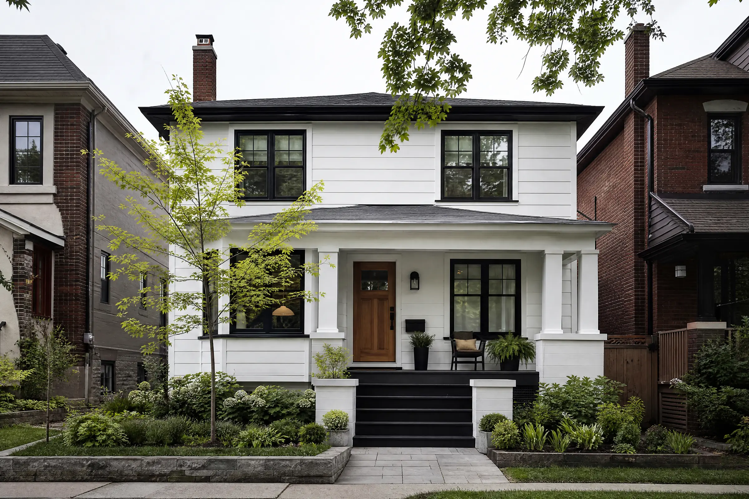 Two-storey house with freshly painted white horizontal siding and black windows