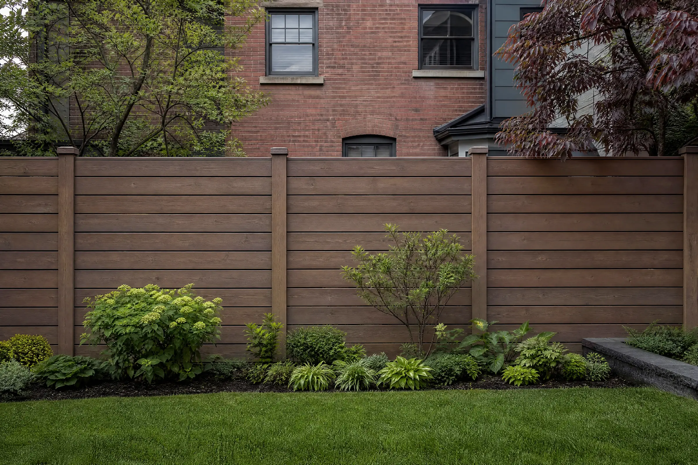 Horizontal cedar privacy fence freshly stained warm brown