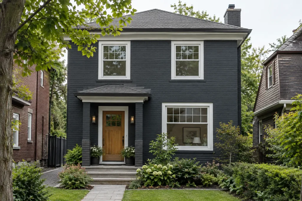Brick house professionally painted deep charcoal with white trim