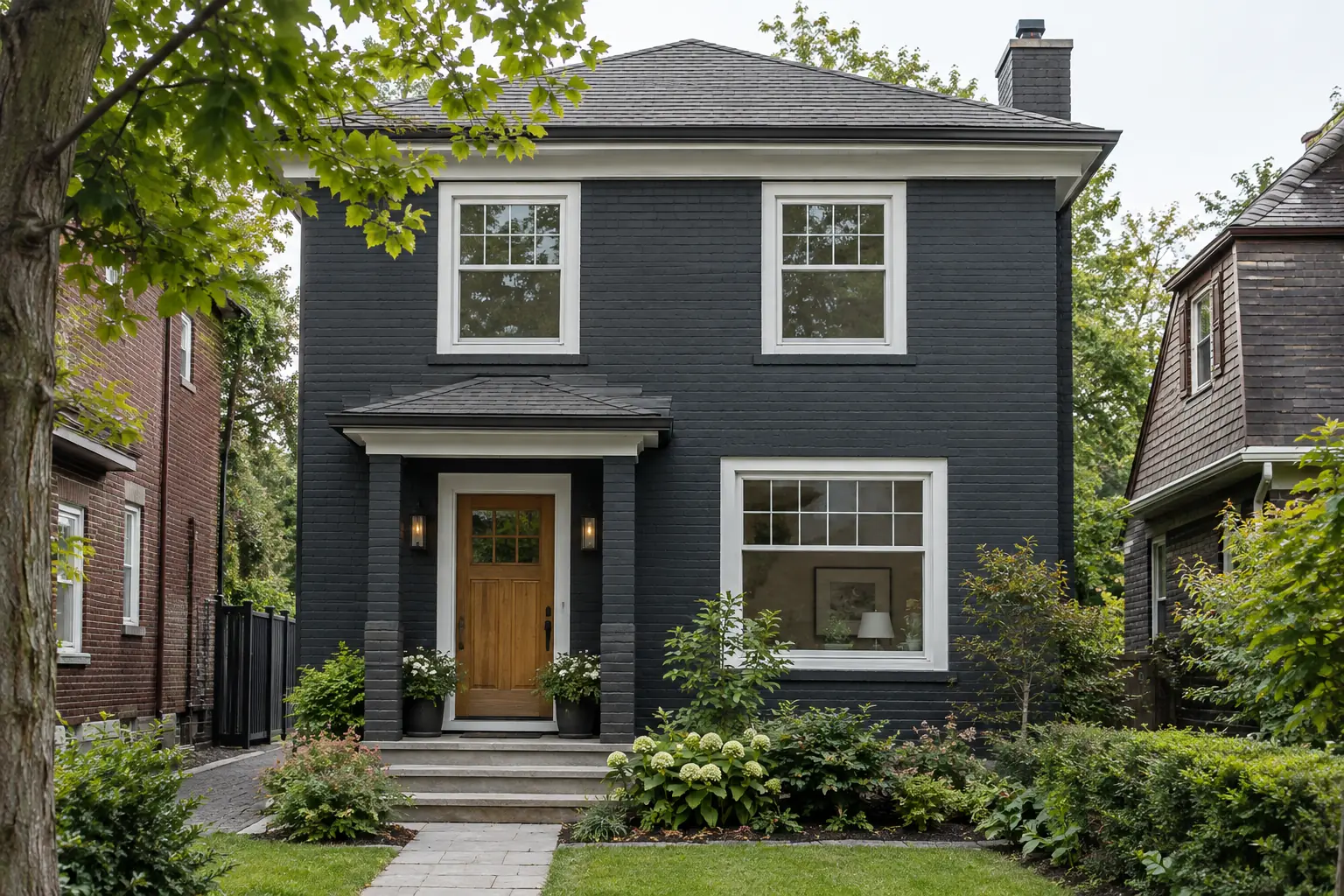 Brick house professionally painted deep charcoal with white trim