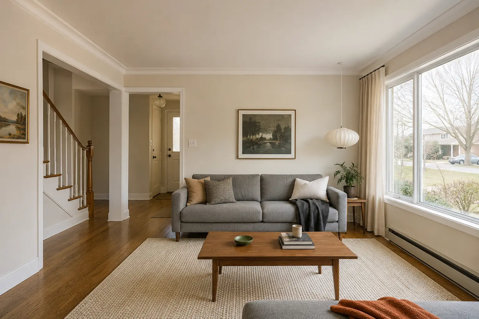 Living room freshly painted soft warm white with crisp white trim
