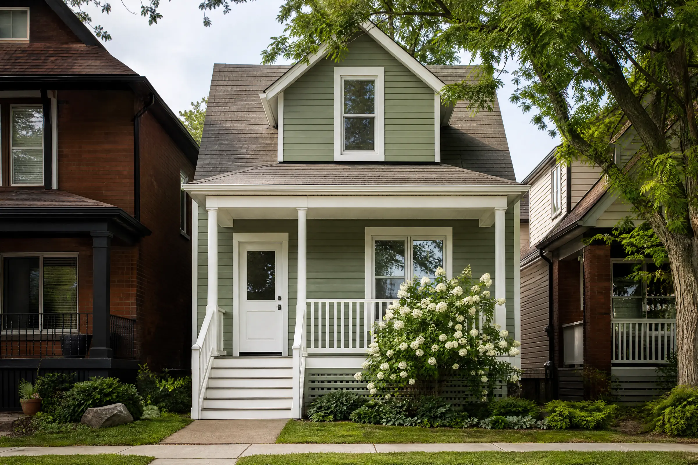 Storey-and-a-half house freshly painted sage green with white trim