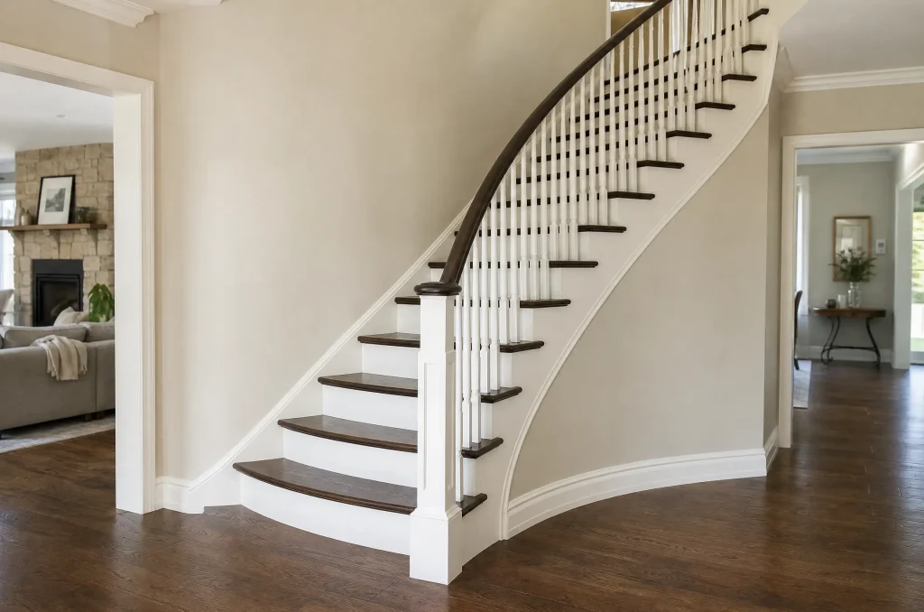 Curved staircase with espresso-stained treads and white spindles