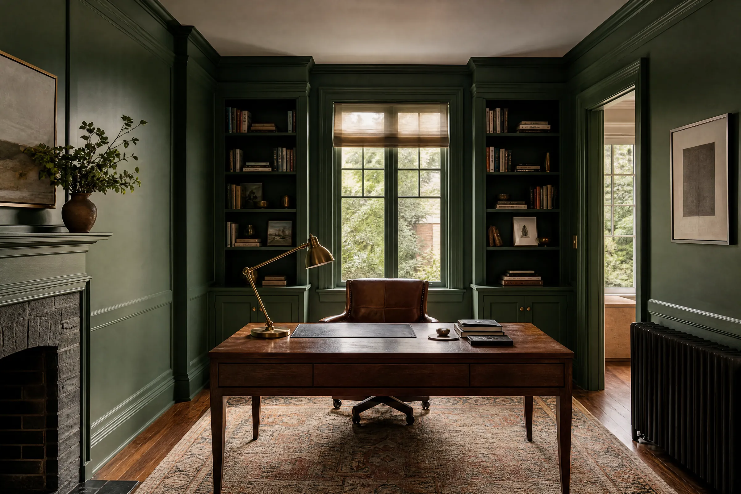 Home office with freshly painted deep green panelling